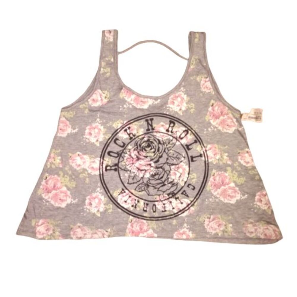 Rue21‎ Pink & Gray Floral Graphic Cropped Tank Top Size M.